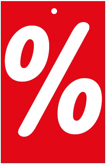 Anhänge-Etikett "%", 55 x 85 mm, rot, mit Lochung