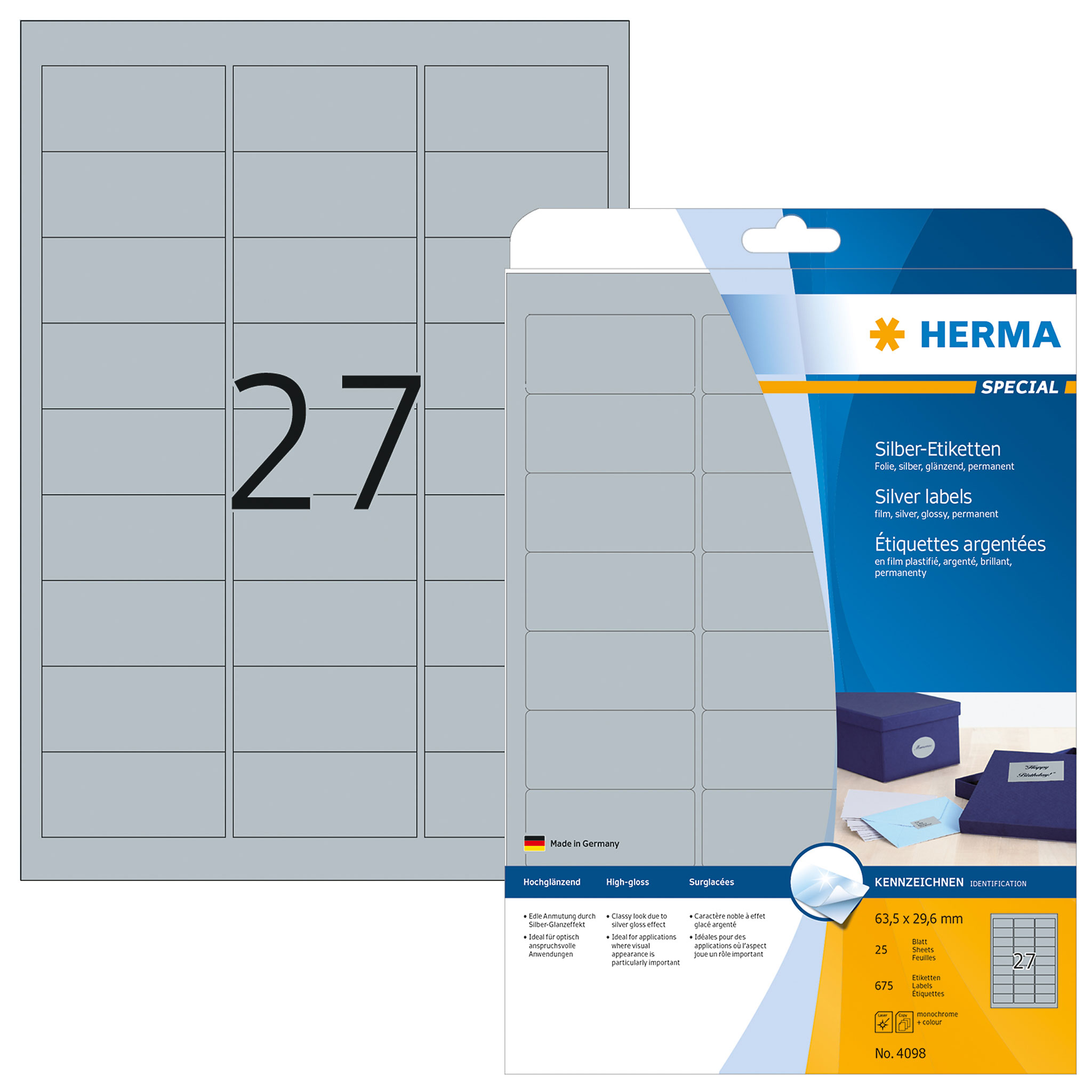 HERMA Etiketten, A4 - 63,5 x 29,6 mm, Polyesterfolie silber glänzend