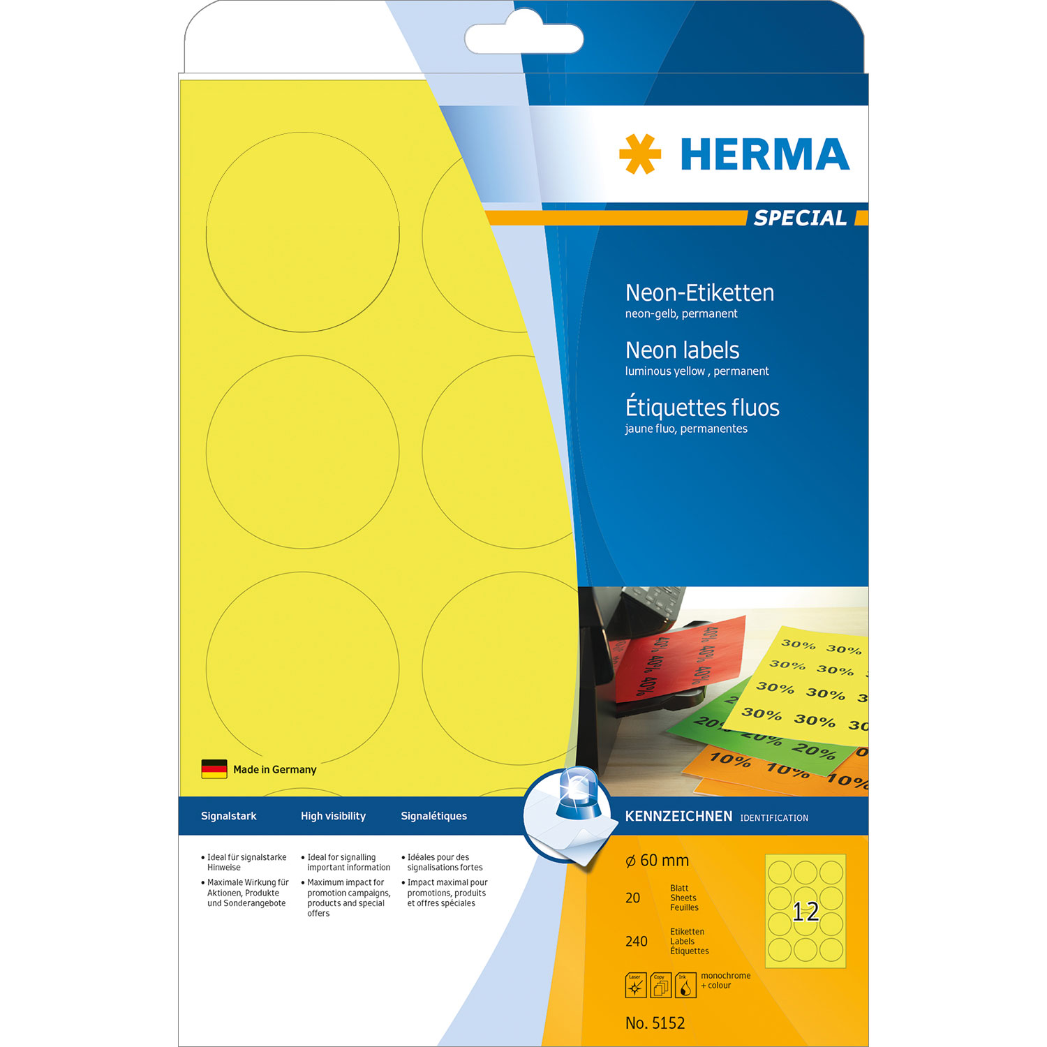 HERMA Etiketten, A4 - Ø 60 mm, 20 Blatt, neonfarben