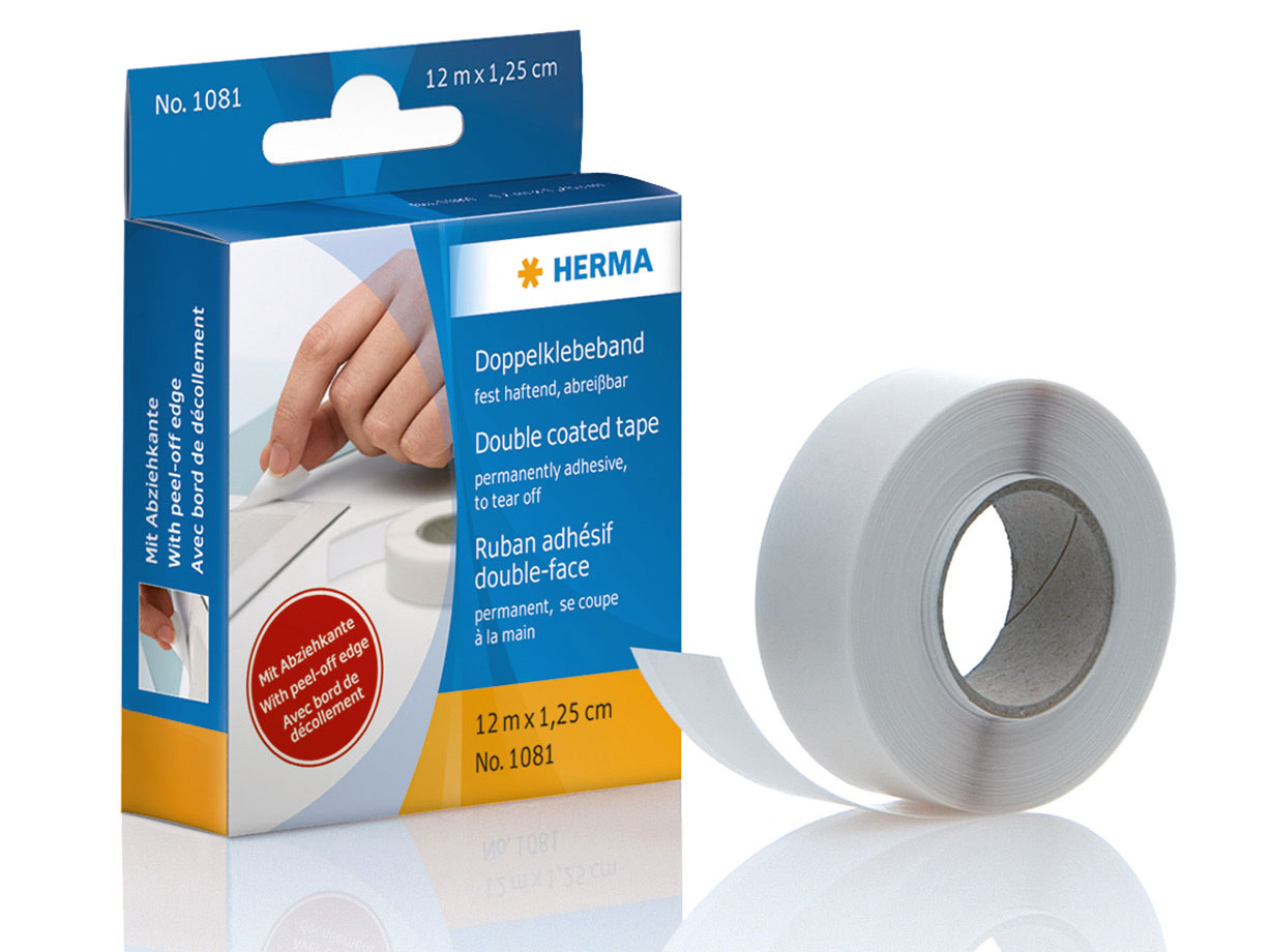 Herma Doppelklebeband im Kartonspender, Klebebreite 12,5 mm, Bandbreite 16 mm, 12 lfm.