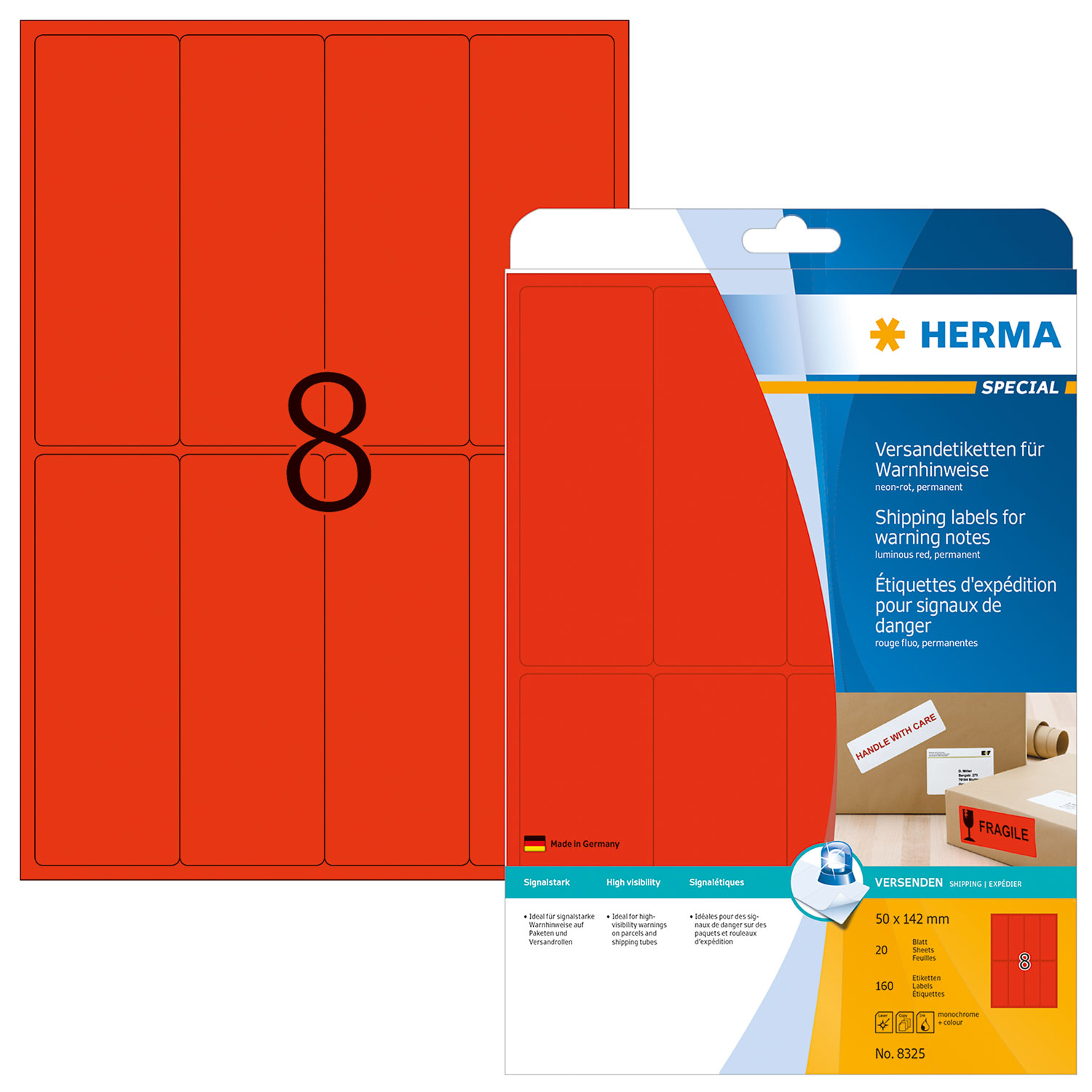 HERMA Etiketten, A4 - 50,0 x 142,0 mm, 20 Blatt, neon-rot