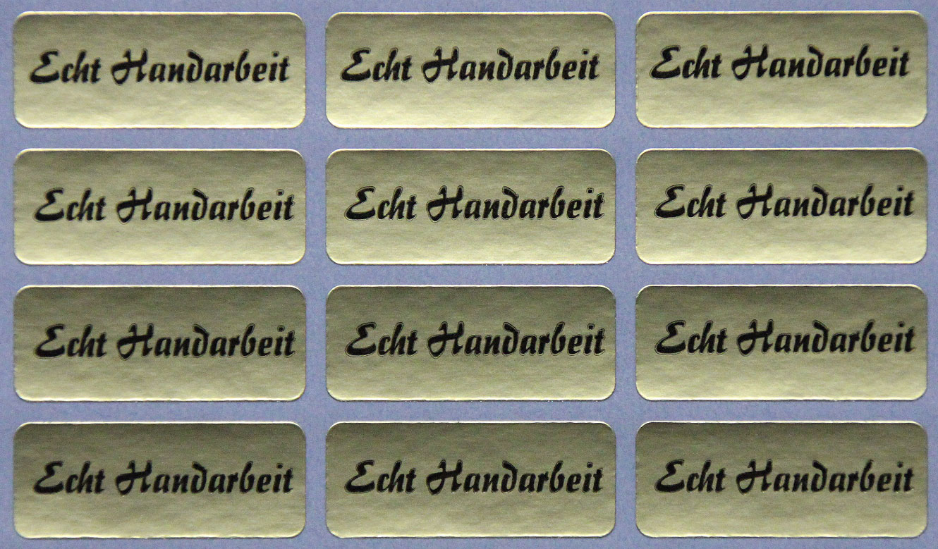 Hinweisetikett, 30 x 12 mm, gold, "Echt Handarbeit"